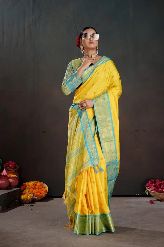 Yellow Soft Silk Saree with Blouse Piece | EZBER