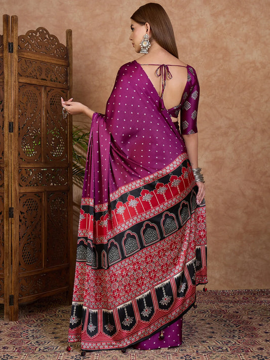 Wine Semi Modal Saree With Blouse Piece - EZBER
