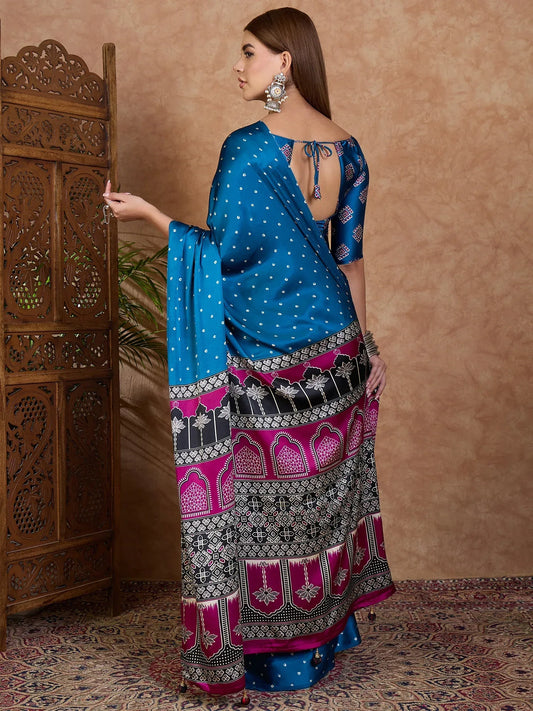 Blue Semi Modal Saree With Blouse Piece - EZBER