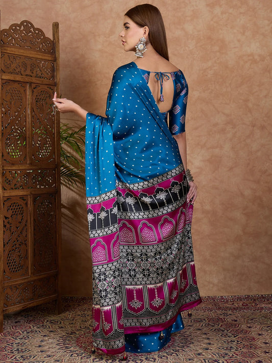 Blue Semi Modal Saree With Blouse Piece - EZBER