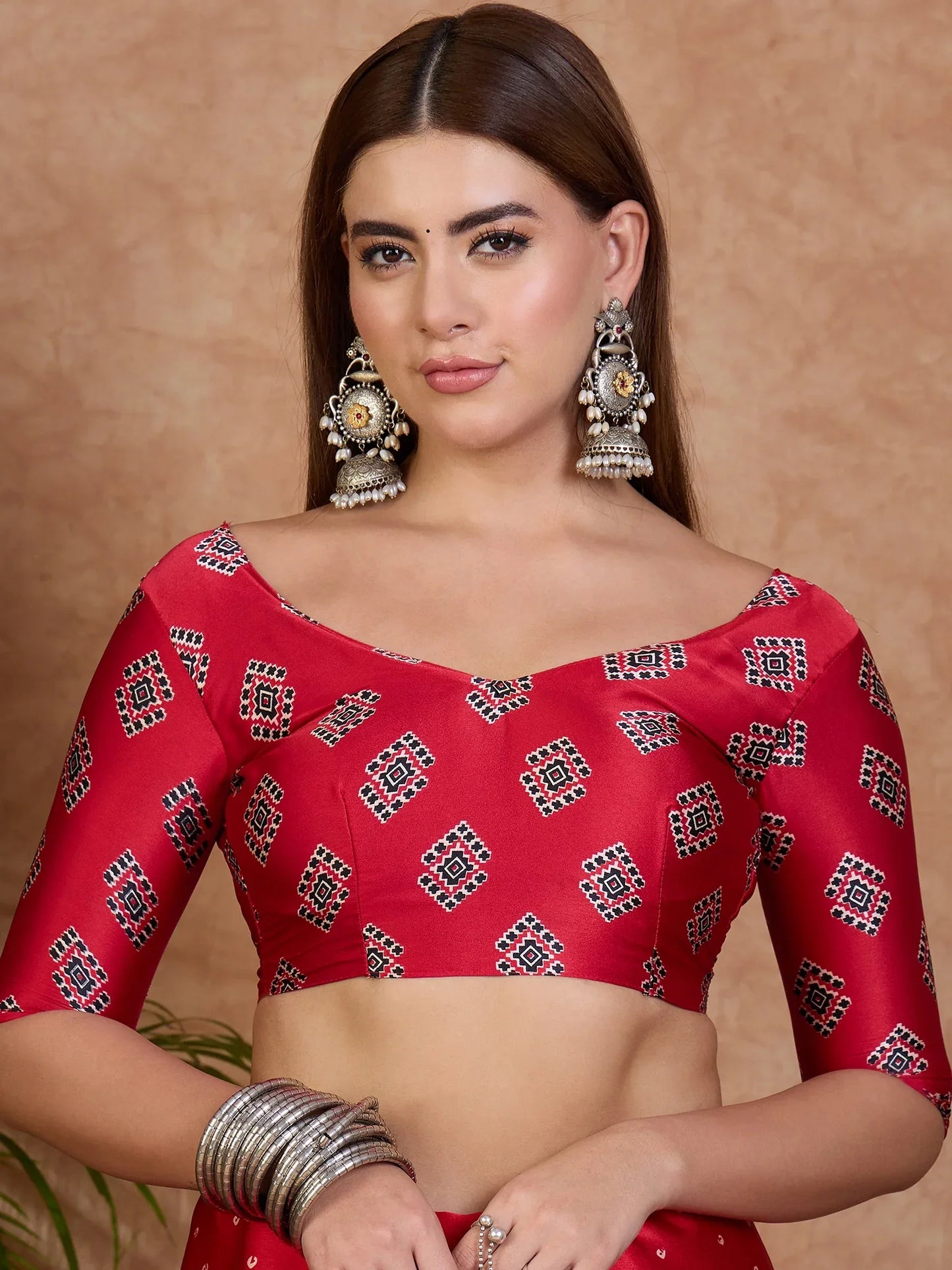 Red Semi Modal Saree With Blouse Piece - EZBER