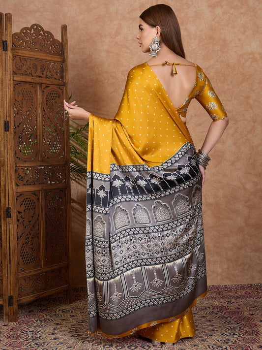 Yellow Semi Modal Saree With Blouse Piece - EZBER
