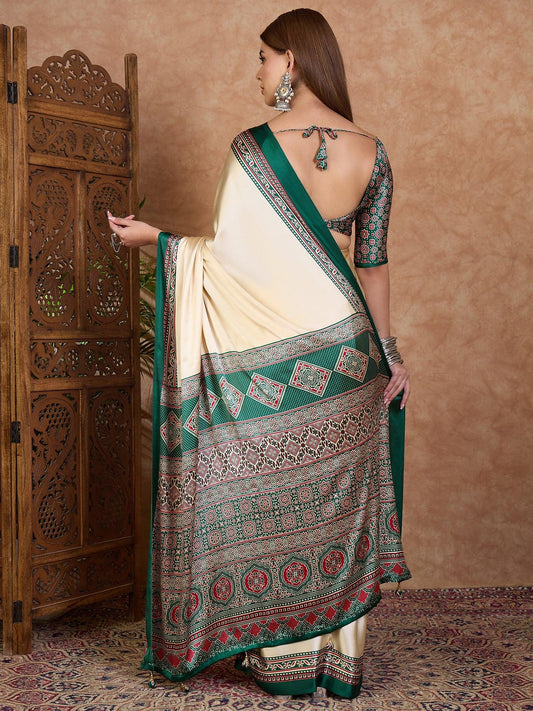 Green Semi Modal Saree With Blouse Piece - EZBER