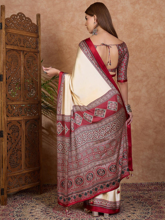 Red Semi Modal Saree with Blouse Piece | EZBER