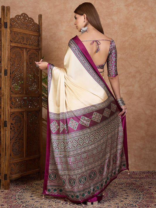 Wine Semi Modal Saree With Blouse Piece - EZBER