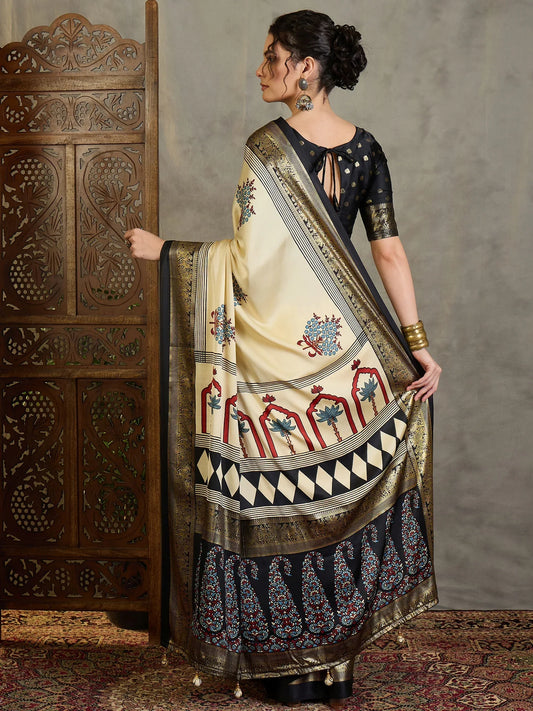 Cream Semi Modal Saree With Blouse Piece - EZBER