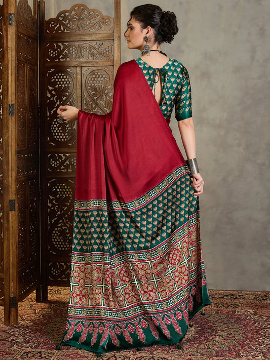 Green Semi Modal Saree With Blouse Piece - EZBER