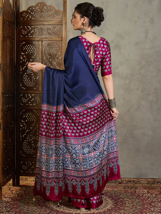 Wine Semi Modal Saree With Blouse Piece - EZBER