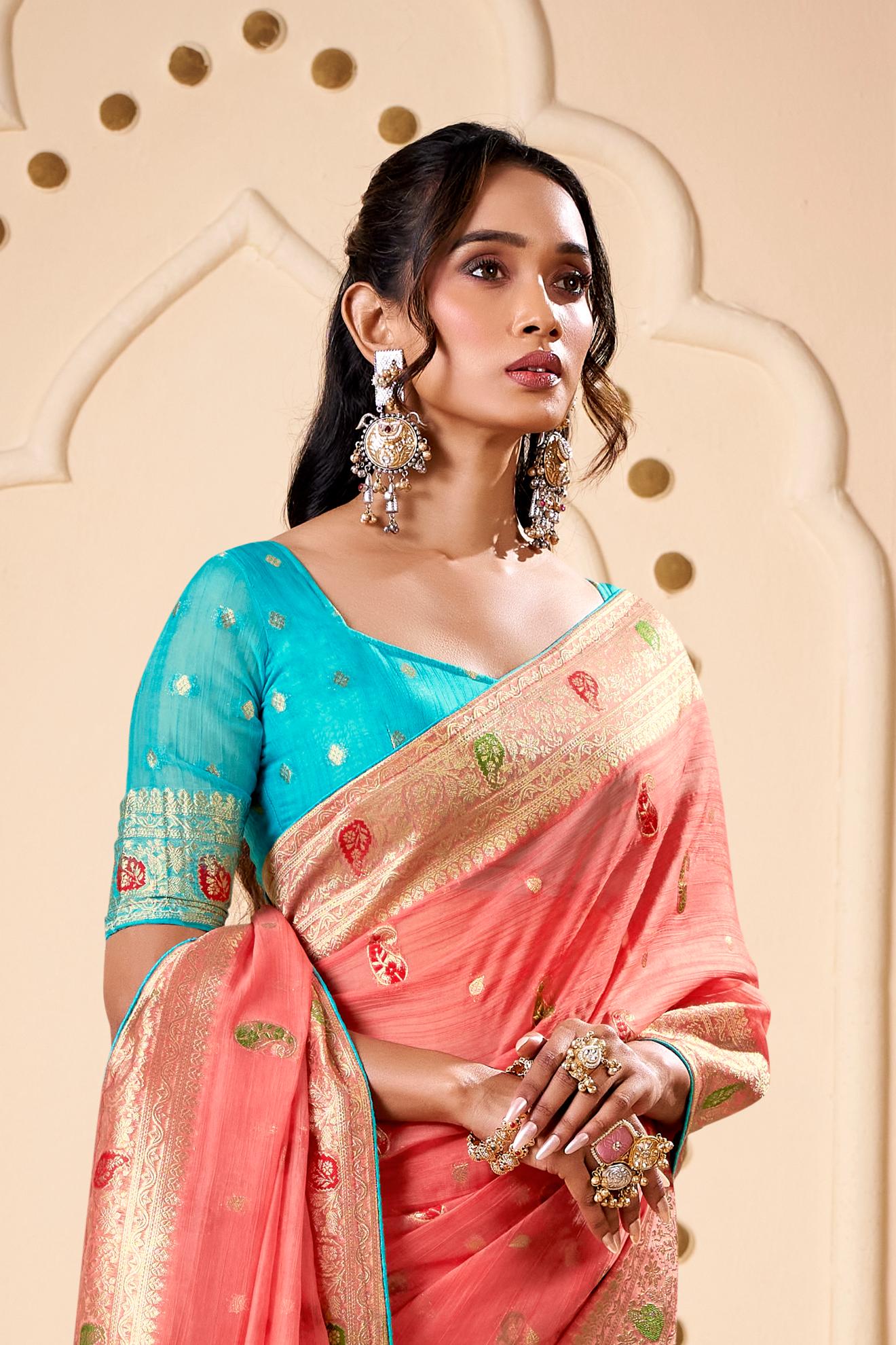 Jimmy Chu Woven Design Butta Work Weaving Handloom Saree With Blouse Piece