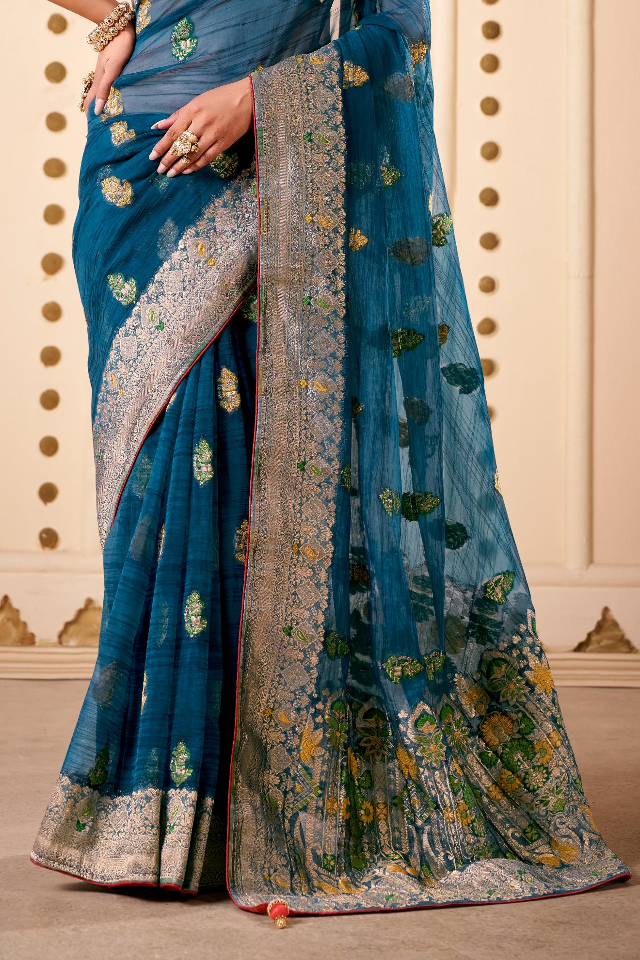 Jimmy Chu Woven Design Butta Work Weaving Handloom Saree With Blouse Piece