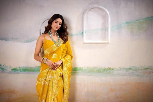 Yellow Dola Silk Saree with Blouse Piece | EZBER