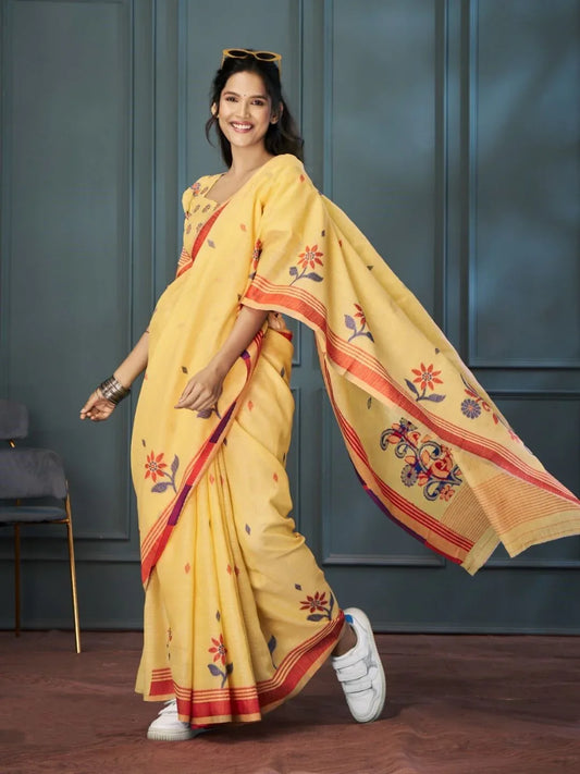 Yellow Linen Blend Saree with Blouse Piece | EZBER