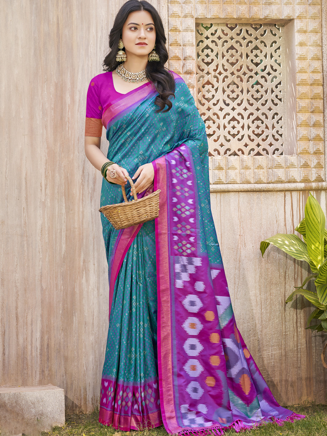 Rama Green Saree Pochampalli Silk with Blouse