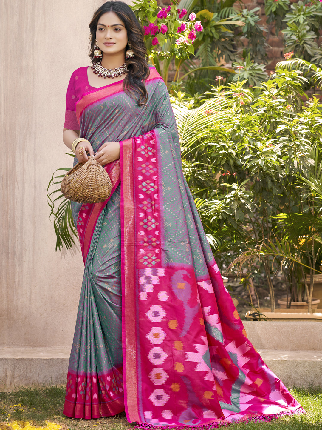 Gray Saree Pochampalli Silk with Blouse