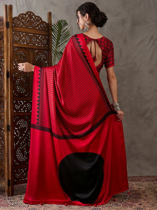 Red Semi Modal Saree with Blouse Piece | EZBER