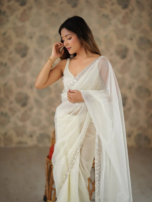 White Twill Net Saree with Blouse Piece | EZBER