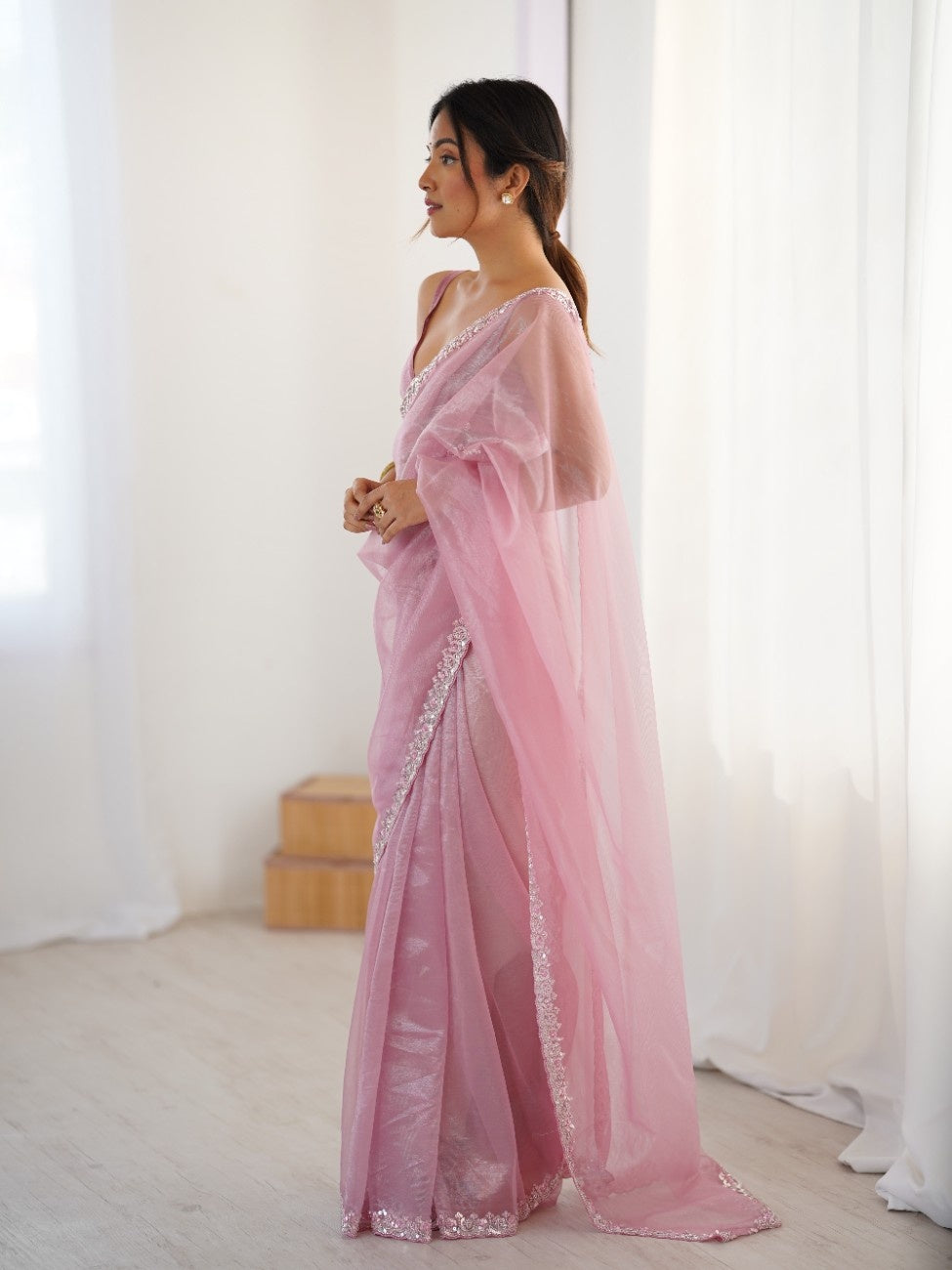 Twill Net Sequins And Moto And Cutdana Embroidered Work With Twill Net Blouse Piece