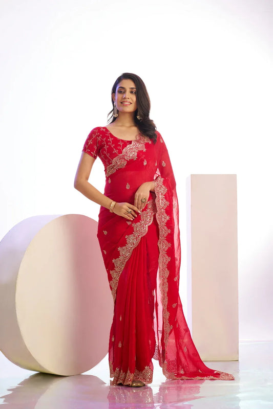Red Chiffon Saree with Blouse Piece | EZBER