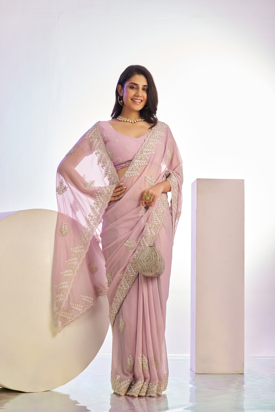 Jimmy Chu Tissue Embroidered Work Saree With Embroidered Blouse Piece