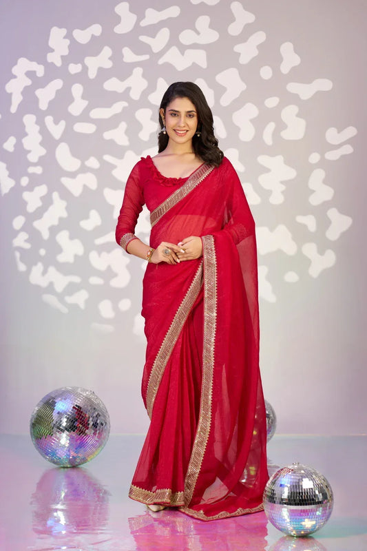 Red Tissue Crepe Saree with Blouse Piece | EZBER