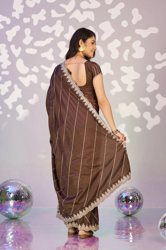 Ready To Wear Fancy Crepe Embroidered Saree With Embroidered Blouse Piece - EZBER