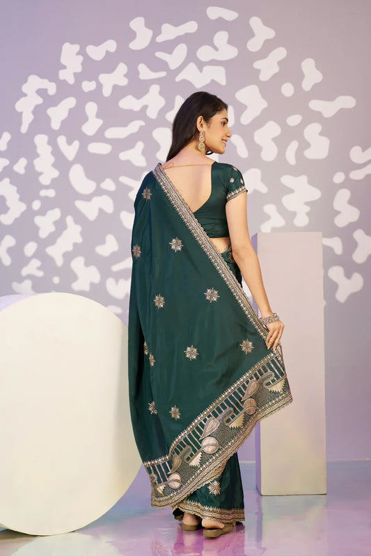 Ready To Wear Fancy Crepe Embroidered Saree With Embroidered Blouse Piece - EZBER