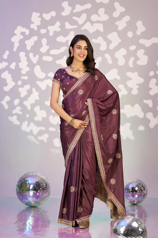 Ready To Wear Fancy Crepe Embroidered Saree With Embroidered Blouse Piece - EZBER