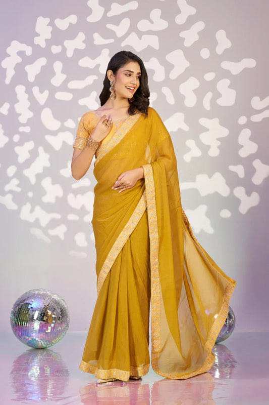 Yellow Moss Crepe Saree with Blouse Piece | EZBER