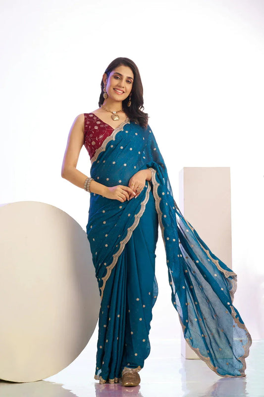 Red Tissue Crepe Saree with Blouse Piece | EZBER