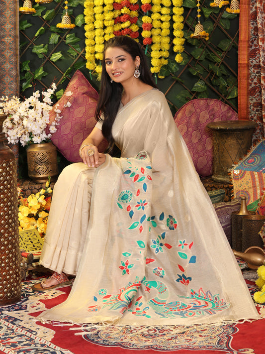 Linen Cotton Cream Brocade Saree With Blouse Piece