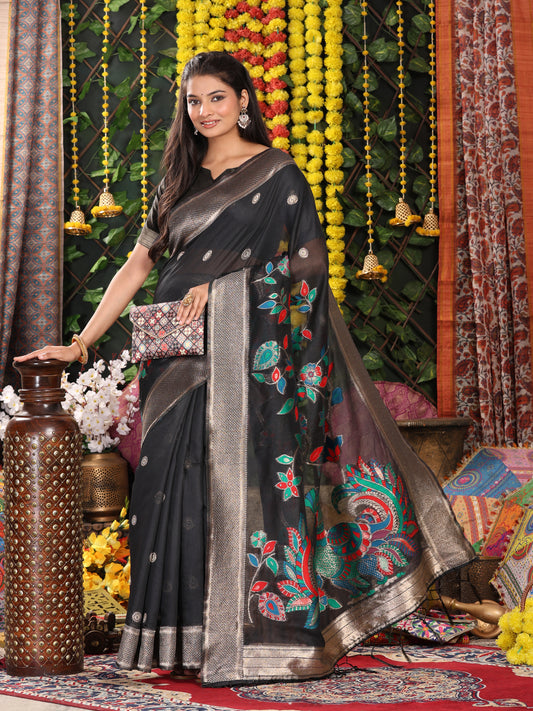 Linen Cotton Black Brocade Saree With Blouse Piece