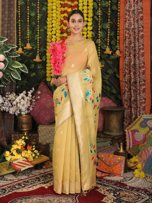 Linen Cotton Yellow Brocade Saree With Blouse Piece