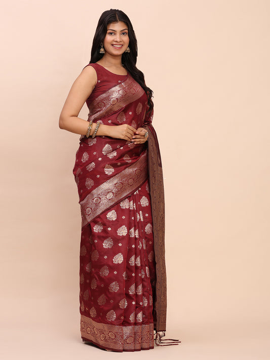 Maroon Banarasi silk Saree with Blouse Piece | EZBER