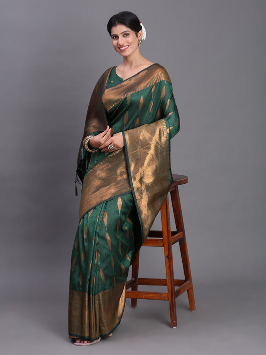 Silk Dark Green Brocade Saree With Blouse Piece