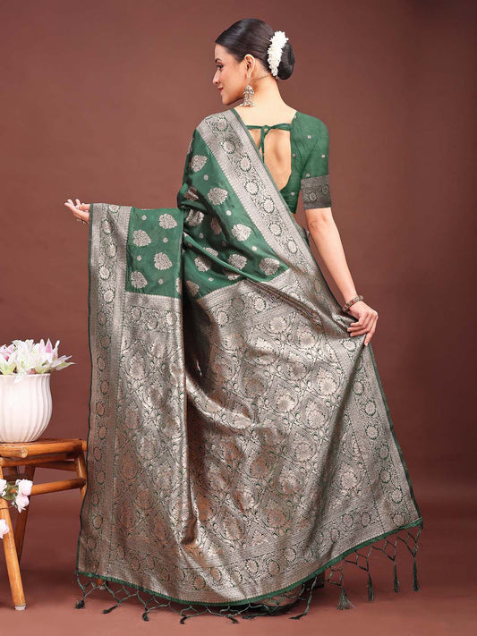 Banarasi Silk Dark Green Brocade Saree With Blouse Piece
