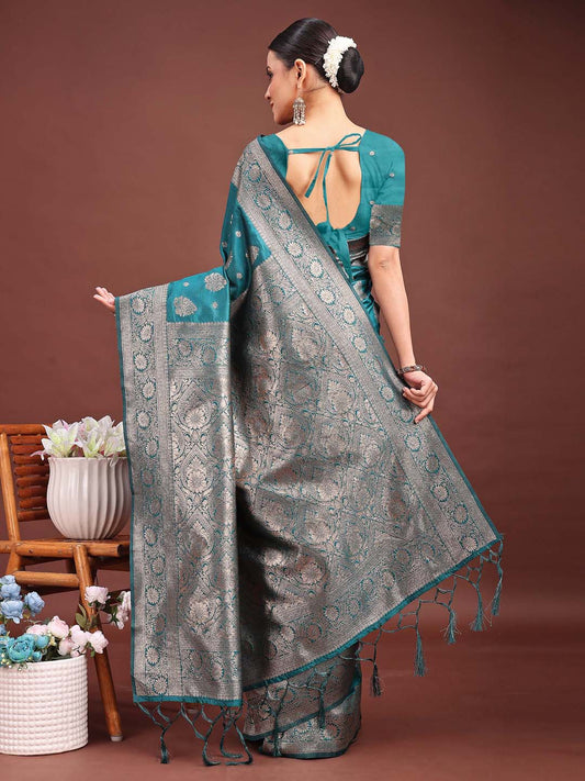 Banarasi Silk Sea Green Brocade Saree With Blouse Piece