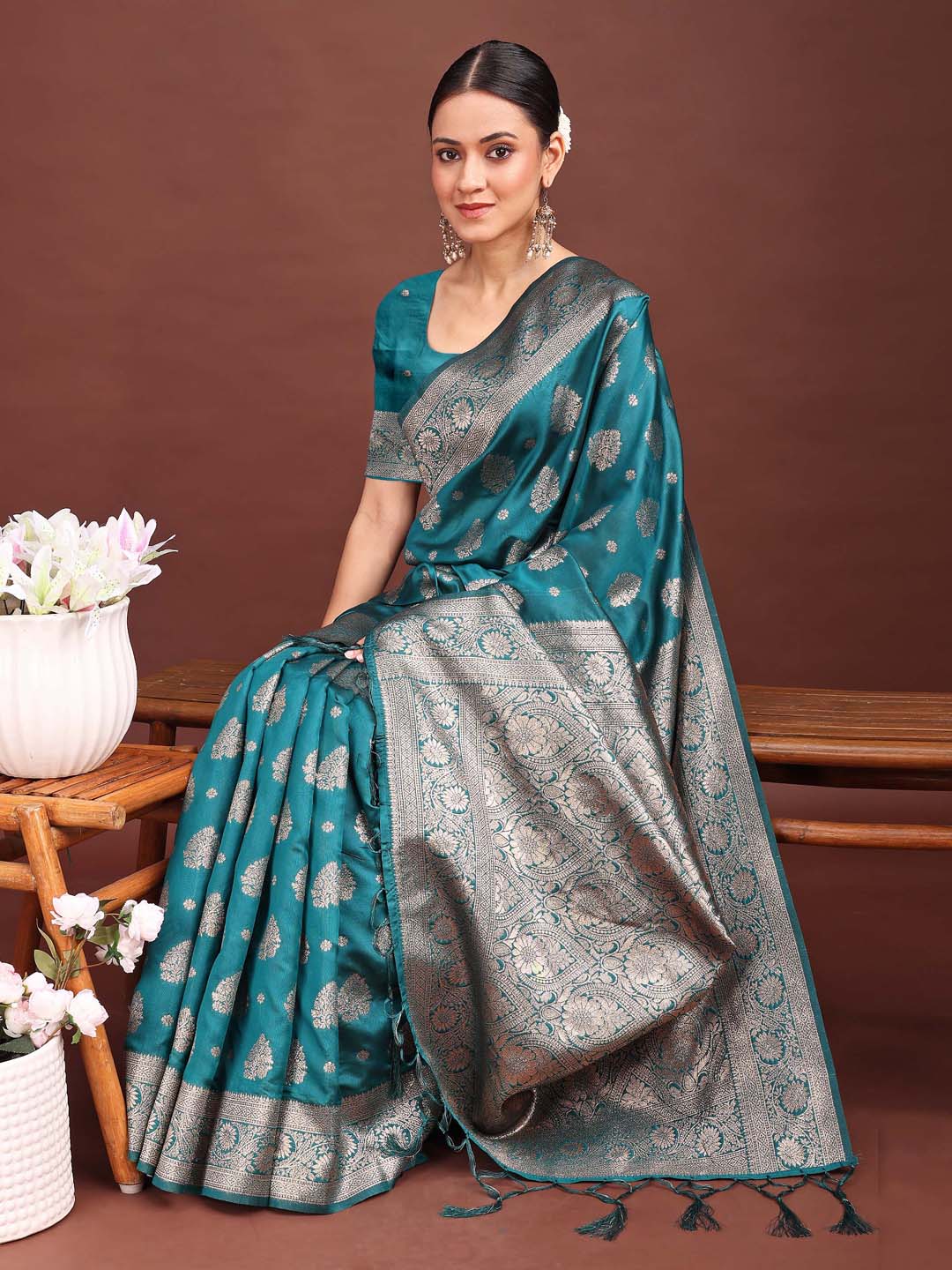 Banarasi Silk Sea Green Brocade Saree With Blouse Piece