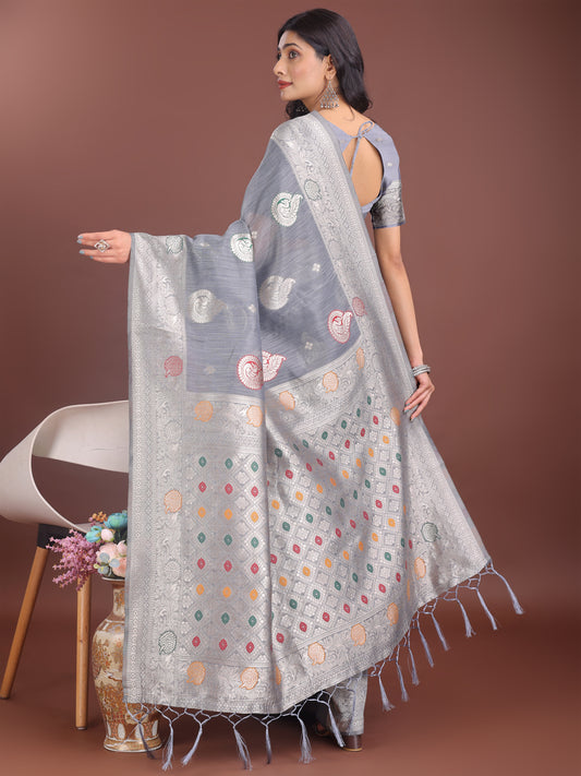 Linen Cotton Grey Brocade Saree With Blouse Piece