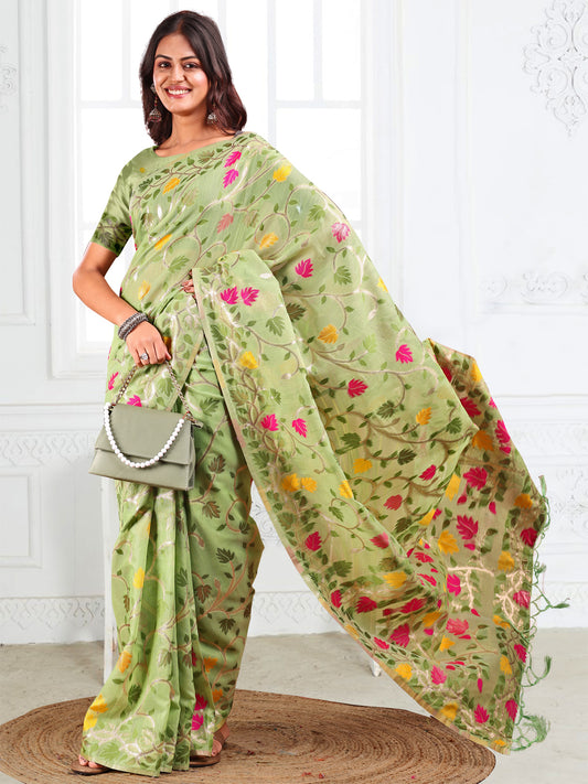 Linen Cotton Light Green Brocade Saree With Blouse Piece