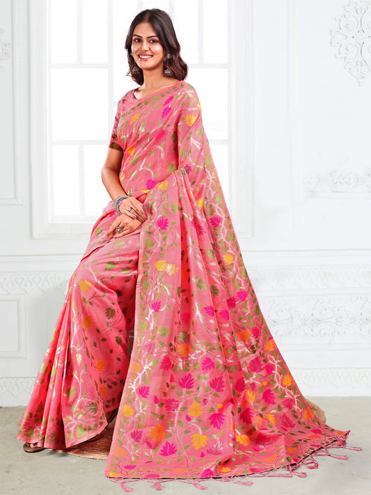 Linen Cotton Pink Brocade Saree With Blouse Piece