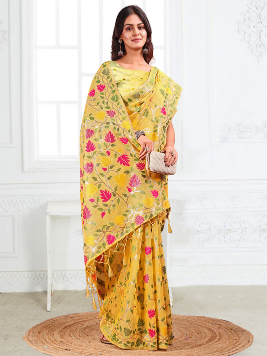 Linen Cotton Yellow Brocade Saree With Blouse Piece