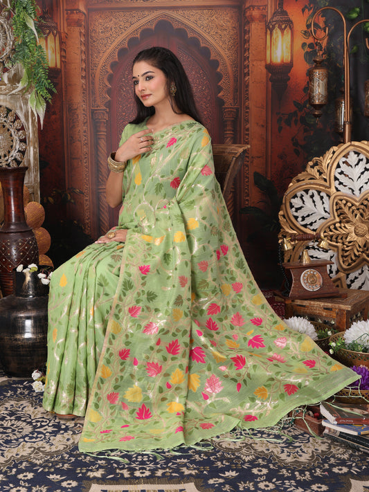 Linen Cotton Green Brocade Saree With Blouse Piece