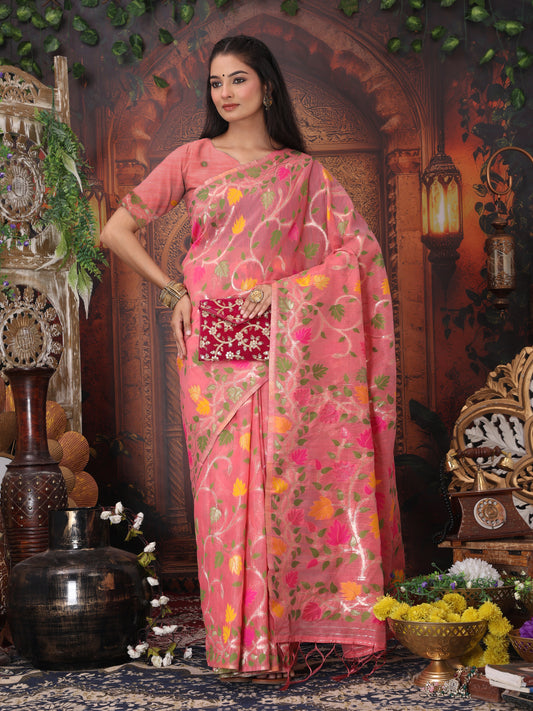 Linen Cotton Pink Brocade Saree With Blouse Piece