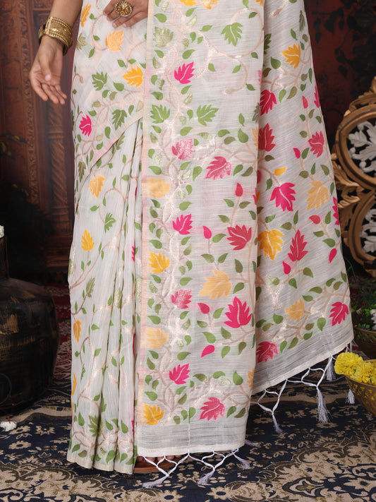 Linen Cotton Yellow Brocade Saree With Blouse Piece