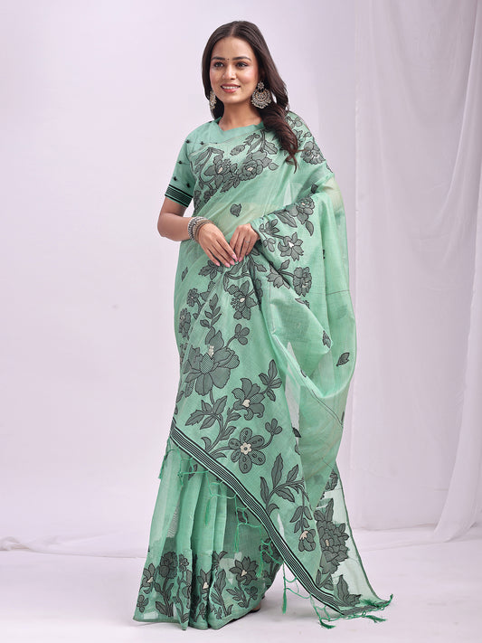 Linen Cotton Rama Green Brocade Saree With Blouse Piece