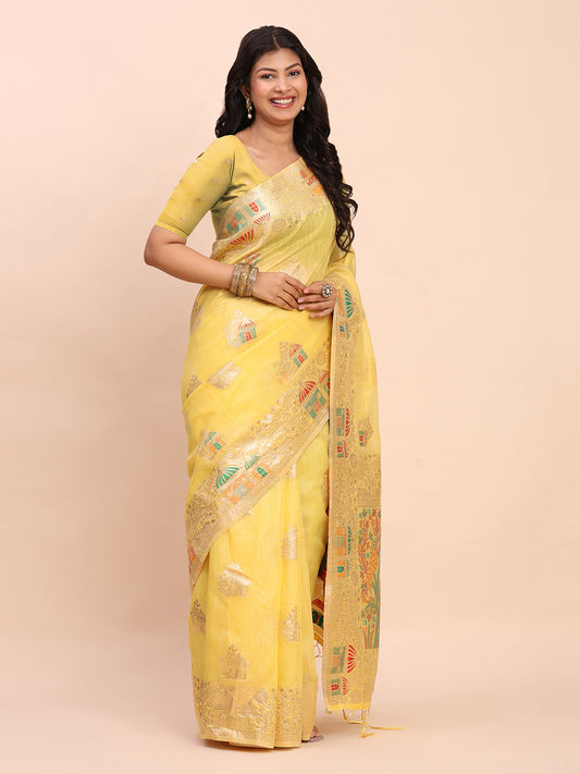 Linen Cotton Yellow Brocade Saree With Blouse Piece