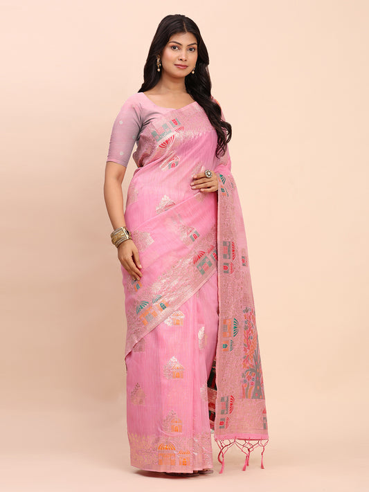 Linen Cotton Pink Brocade Saree With Blouse Piece