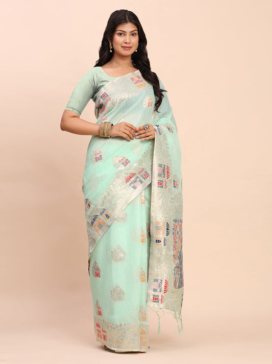 Linen Cotton Sea Green Brocade Saree With Blouse Piece