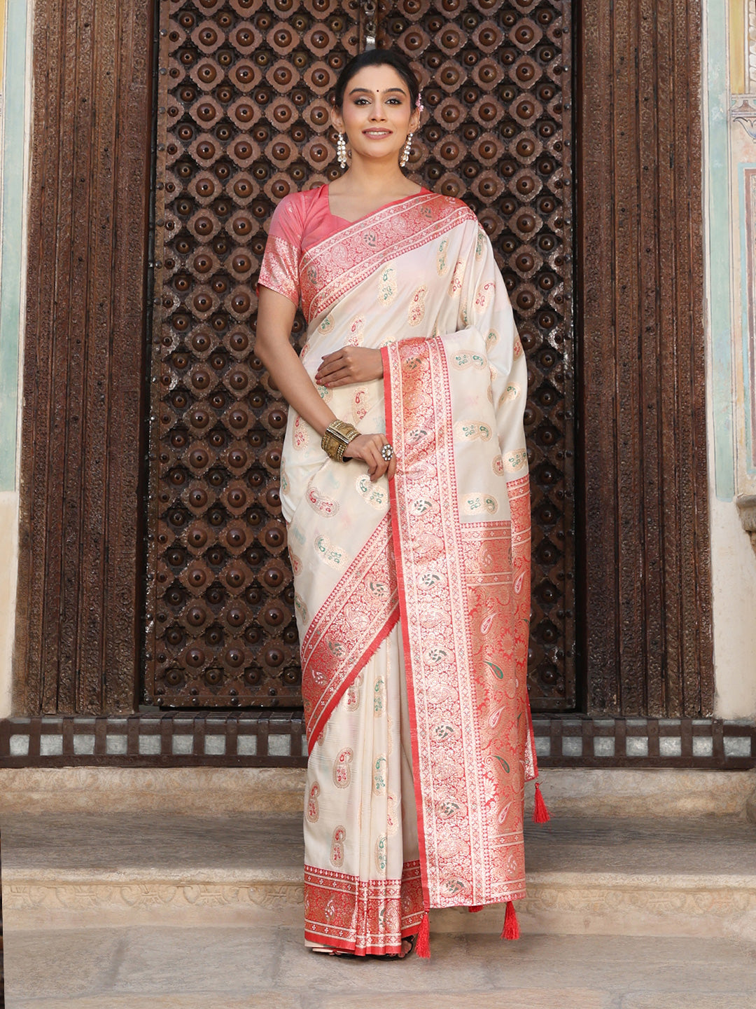 White Silk Saree with Blouse Piece | EZBER