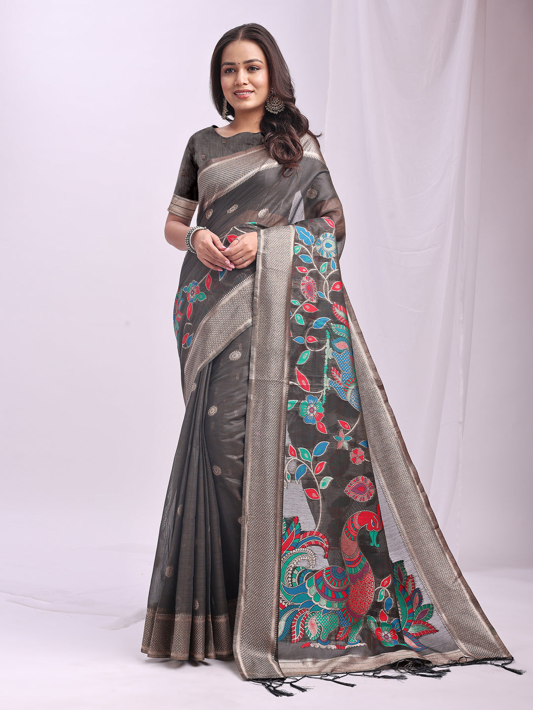 Grey Linen Cotton Peacock Pallu Saree | EZB SI04 ASMRN1001